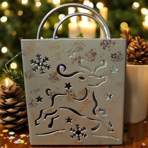 NIB Costco Metal Tealight Candleholder 5 ⅛” Gift Bag Reindeer Snowflakes Stars